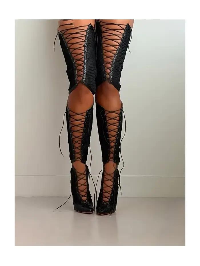 Bottes à brides croisées, bout rond, talon carré, couleur unie, pour femme, été, au-dessus du genou, décontractées, sexy, de créateur, nouveau style, talons 44