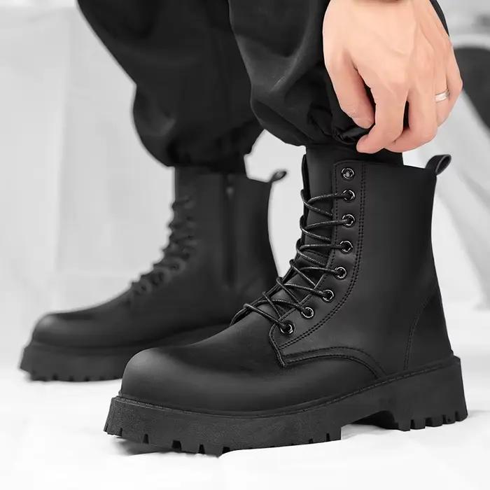 Bottes décontractées pour couple quatre saisons bottes montantes en cuir pour hommes et femmes mode semelle épaisse antidérapante grande taille bottes d'extérieur