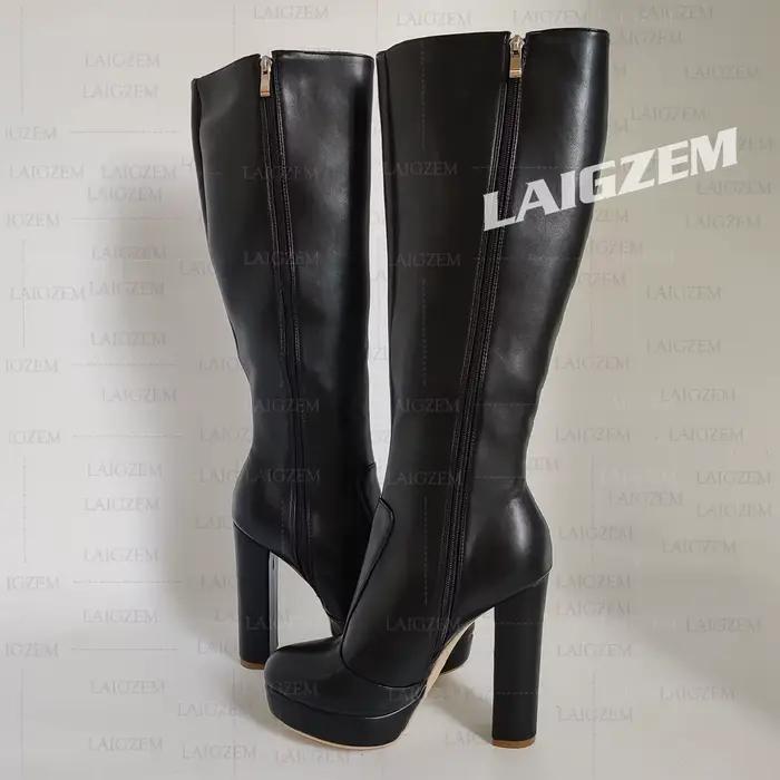BERZIMER femmes genou bottes hautes Faux cuir côté fermeture éclair épais talons hauts bottes hautes dames chaussures femme grande taille 41 43 45 52