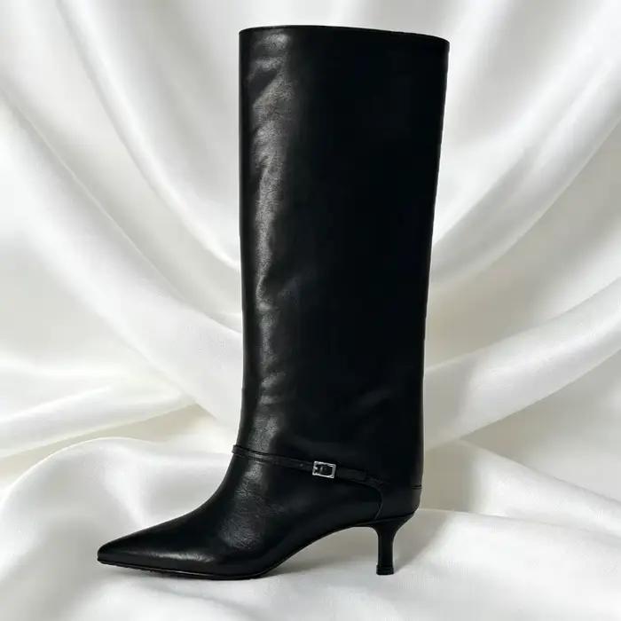 Style britannique noir en cuir souple bottes au genou femmes luxe boucle chaton talon bottes de créateur Sexy bout pointu Botas Invierno Mujer