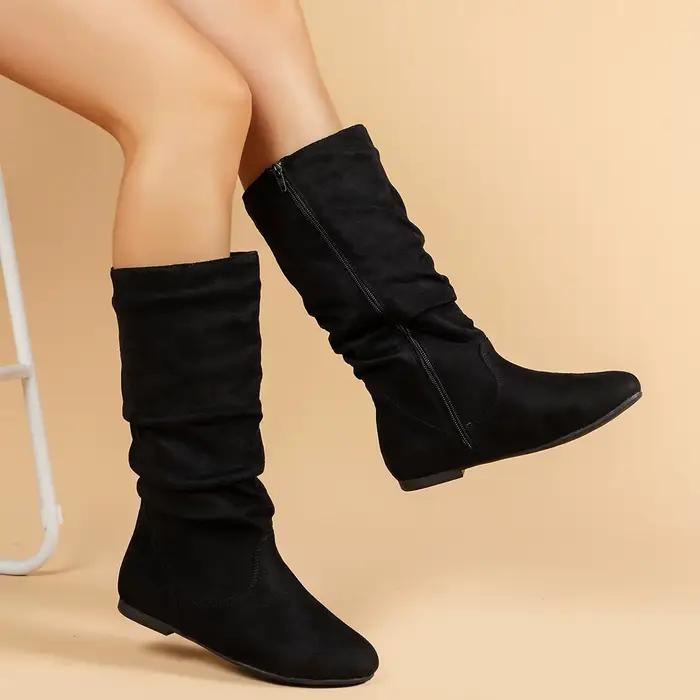 Plissé PU visage femmes bottes de mode côté ramen décontracté bout rond plat
