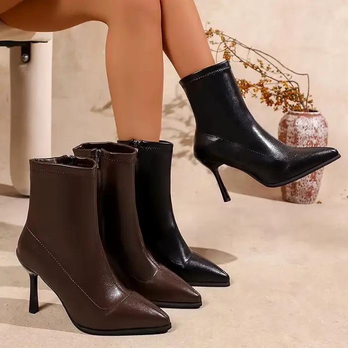Bottines à talon aiguille tendance pour femme, grande taille 43, sexy, à bout pointu, en cuir PU, avec fermeture éclair latérale, talons très hauts, Botas