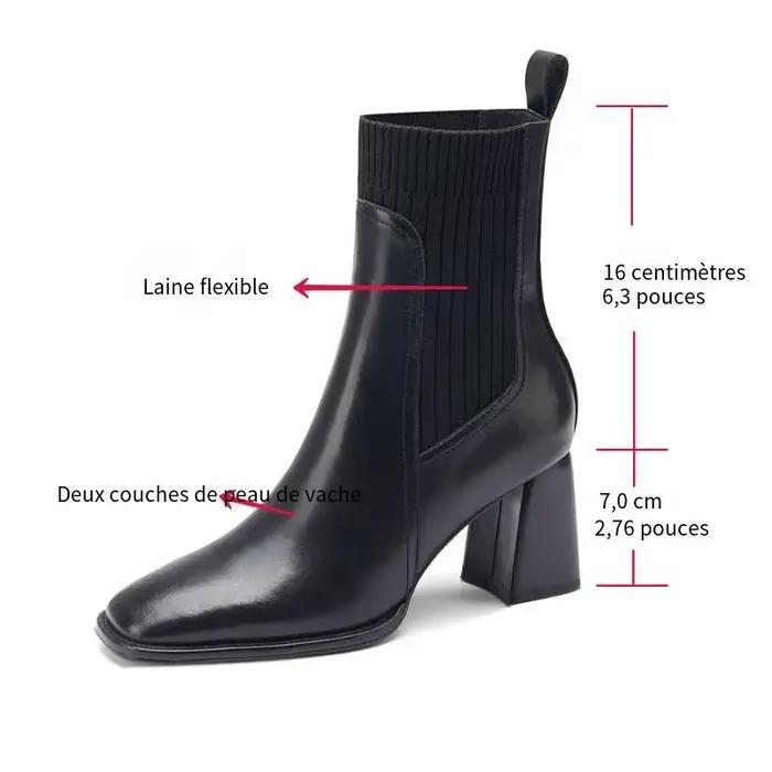 Bottes de rinçage en cuir de vachette fendu pour femmes, talon carré, doublure en laine, bottes chaussettes à enfiler, talon élevé, design mature, hiver, occassions spéciales