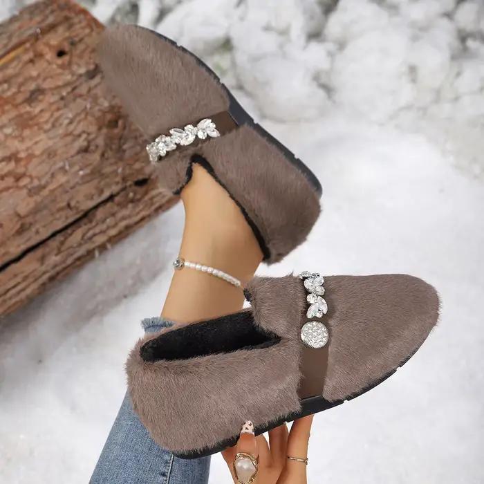 Bottes pour femmes, bottes en fourrure, bottes d'hiver, fourrées, moelleuses, décorées de strass, à enfiler, doublées de polaire, à semelle souple, chaussures décontractées pour femmes, pour l'extérie