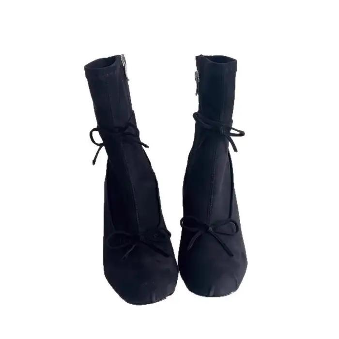 Bottines en velours pour femmes, style ballerine, avec nœud papillon, talon épais, fermeture éclair latérale, bout rond rétro, mi-mollet, nouvelle collection 2025