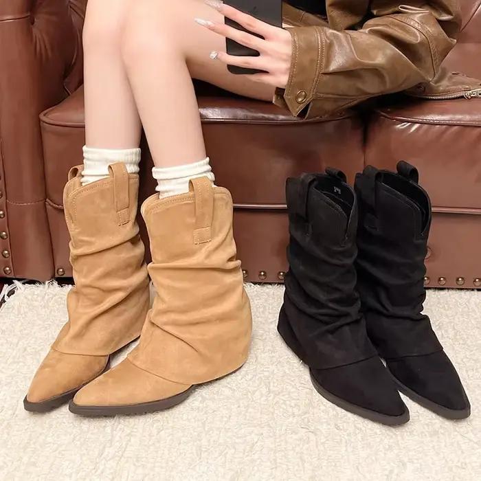 Automne hiver Faux daim mi-mollet bottes femmes grande taille talons épais