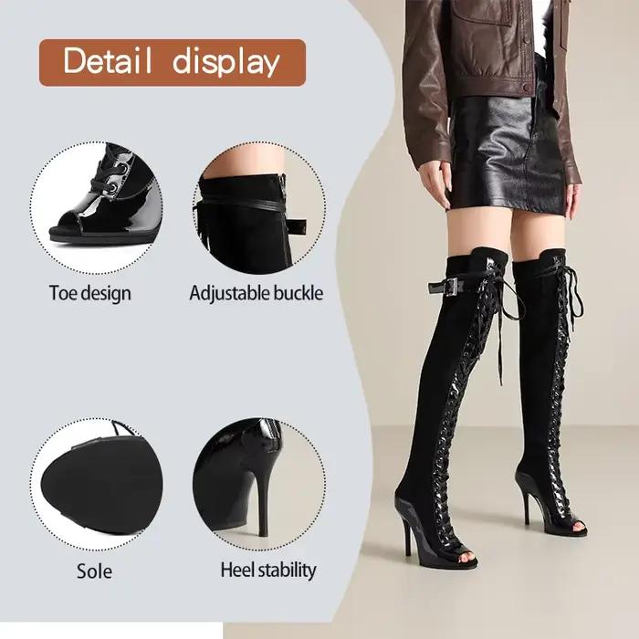 Nouvelles bottes au-dessus du genou pour femmes, talons aiguilles en daim, chaussures de danse, chaussures de soirée à talons hauts, bottes mi-cuisses pour femme