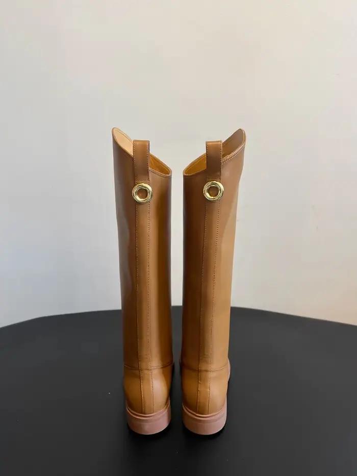Bottes en cuir véritable pour femmes, au-dessus du genou, à bout rond, talons bas, style chevalier, couleur orange, modèles d'hiver, talons de Noël