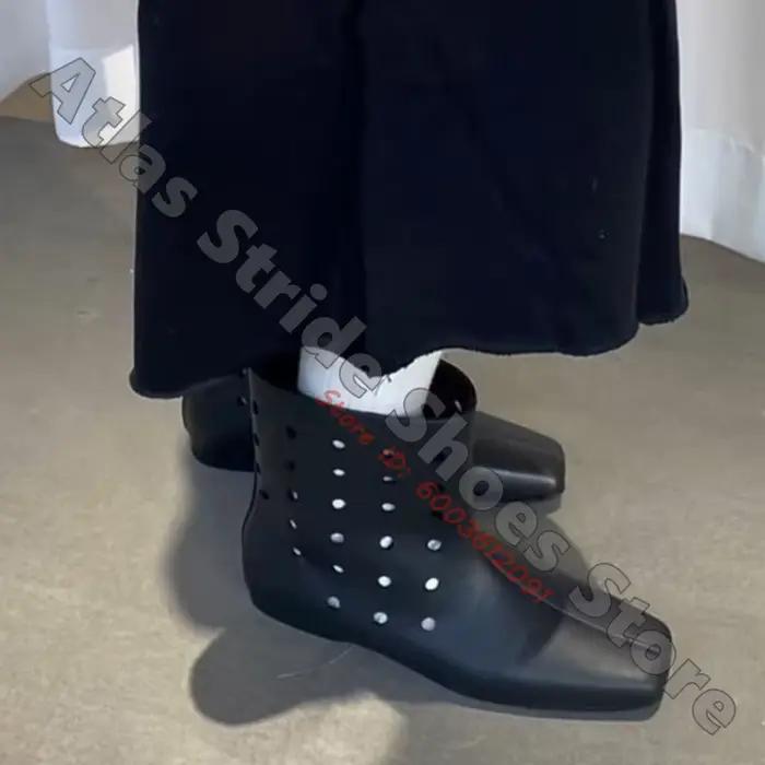 Bottes hautes kaki ajourées à bout carré, talon carré bas, en faux daim respirant, tige perforée, style rétro