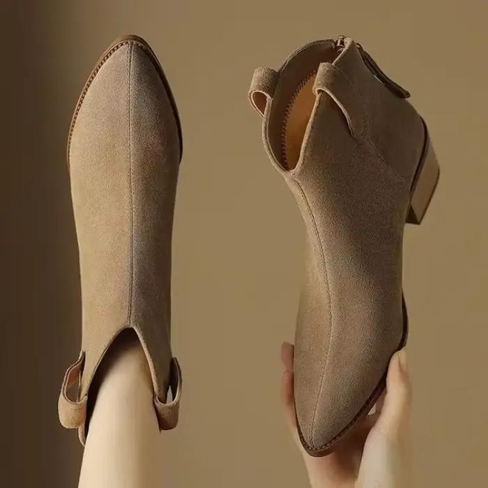 Bottes classiques d'hiver en daim de vache pour femmes, bottes pointues, bottes de rinçage à talon compensé, bottes de cowboy confortables simples pour femmes