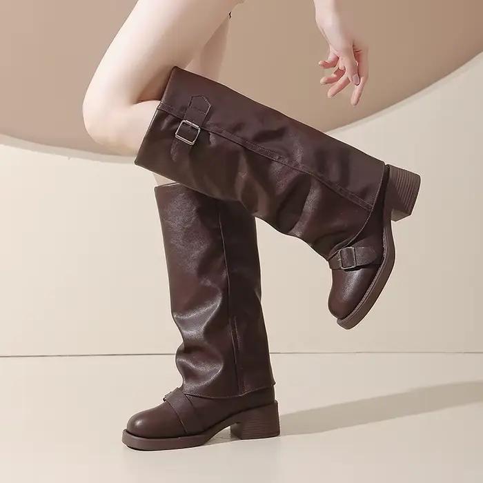 Vintage talon épais femmes genou bottes hautes mode dames ceinture boucle chevalier longs chaussons botas de inverno feminina