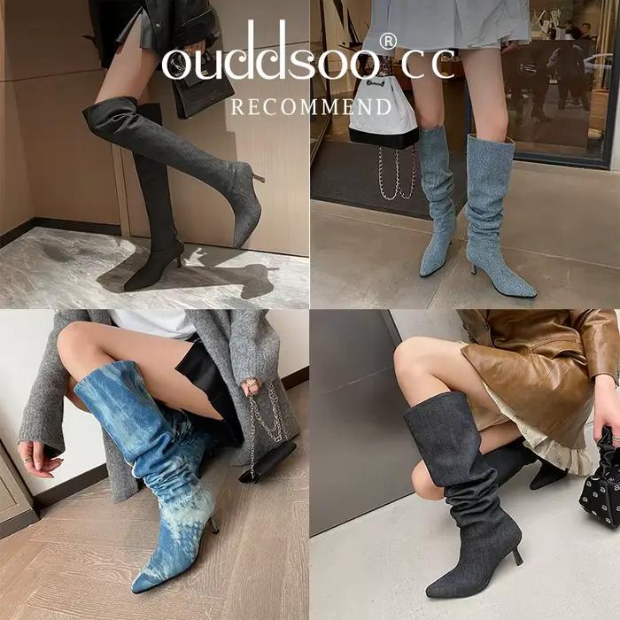Ods Vintage femmes Western Cowgirl bottes décontracté chaussures à talons bas automne hiver sans lacet longue Botas De Mujer bout carré couleur unie