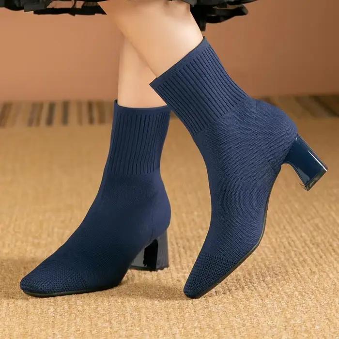 Bottes pour femmes 2024 printemps automne mi-mollet talon carré caoutchouc tissu coton occassions spéciales confort élégance