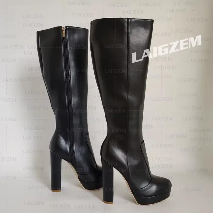 BERZIMER femmes genou bottes hautes Faux cuir côté fermeture éclair épais talons hauts bottes hautes dames chaussures femme grande taille 41 43 45 52