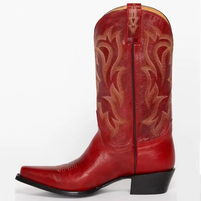Bottes de Cowboy en PU Brodées Mi-Mollet Bout Pointu Talon Carré Élégantes Pour Femmes Occasions Spéciales Automne Hiver