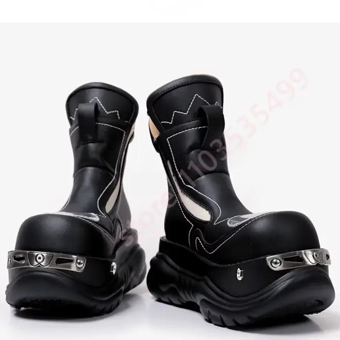Bottes de moto en métal à bout rond et plateforme Punk pour femmes