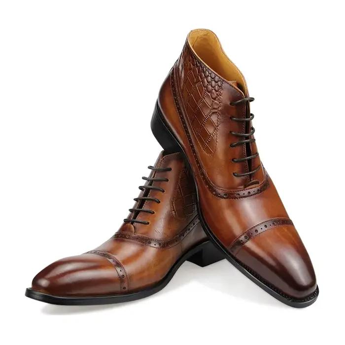 Bottes de rinçage en cuir véritable pour hommes, robe de mariée élégante, bureau formel, Parker pointu, chaussures à lacets, Brogue de luxe pour adultes, mode