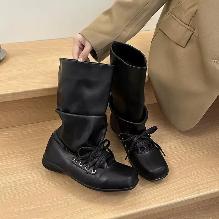 Bottes plates vintage pour femmes, bottes de cowboy occidentales, bottes à bout carré plissées mi-mollet mode et élégantes à offrir pour occasions spéciales