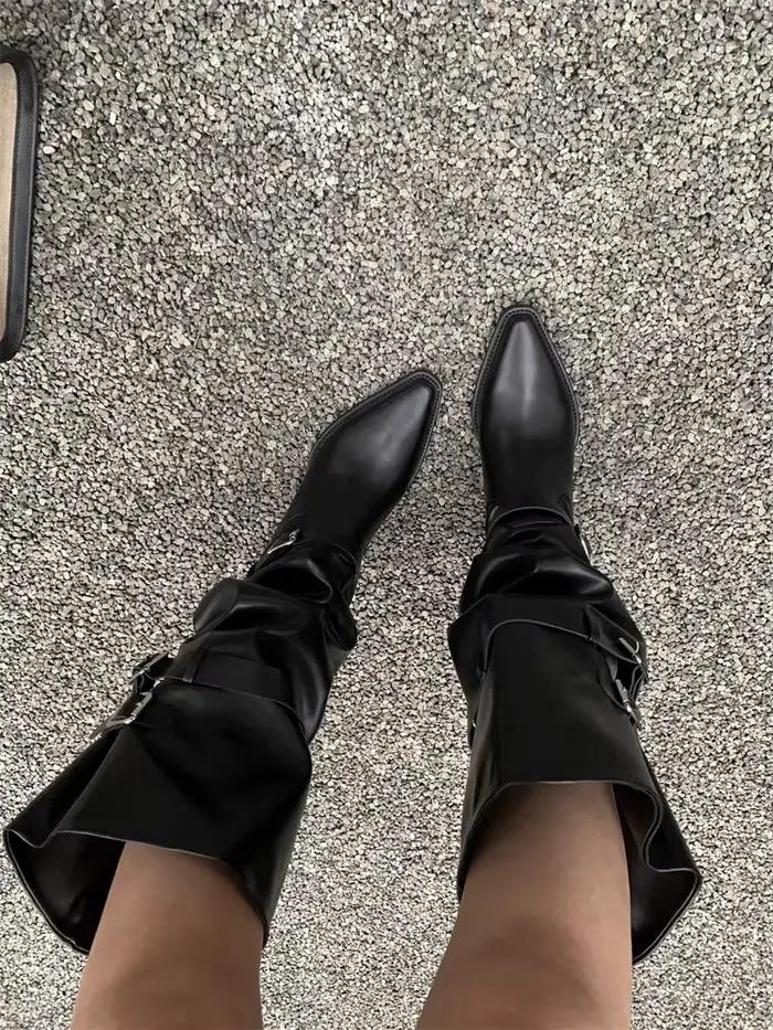 Bottes longues à talon épais et bout pointu avec boucle de ceinture, style sexy et large, pour jeunes femmes – Collection Printemps 2026
