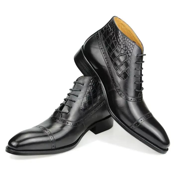 Bottes de rinçage en cuir véritable pour hommes, robe de mariée élégante, bureau formel, Parker pointu, chaussures à lacets, Brogue de luxe pour adultes, mode