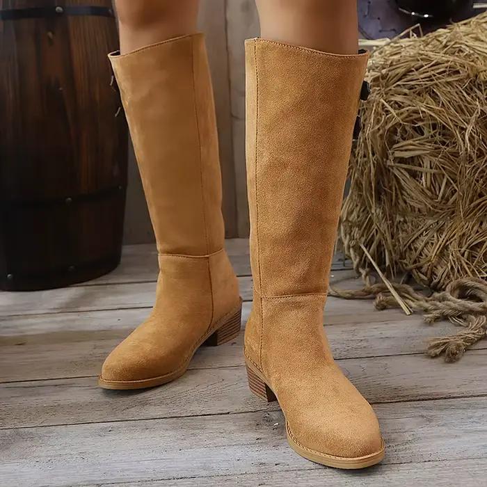 Bottes hautes en faux daim marron pour femme, collection automne 2026, à bout pointu et talon carré, style western, grandes tailles 43, bottes longues de cow-boy