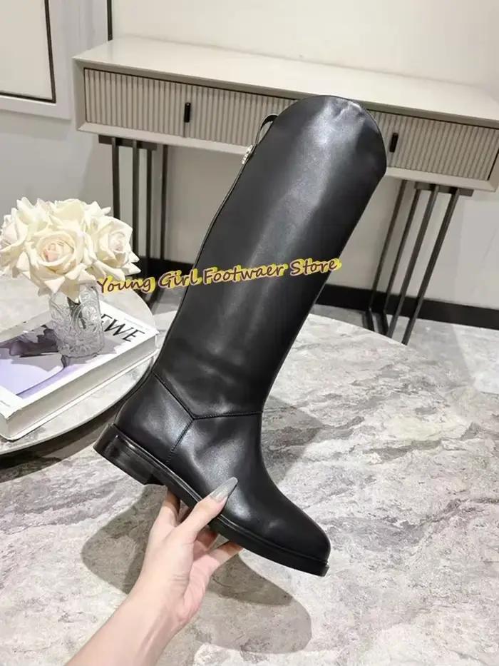 Bottes en cuir véritable pour femmes, au-dessus du genou, à bout rond, talons bas, style chevalier, couleur orange, modèles d'hiver, talons de Noël