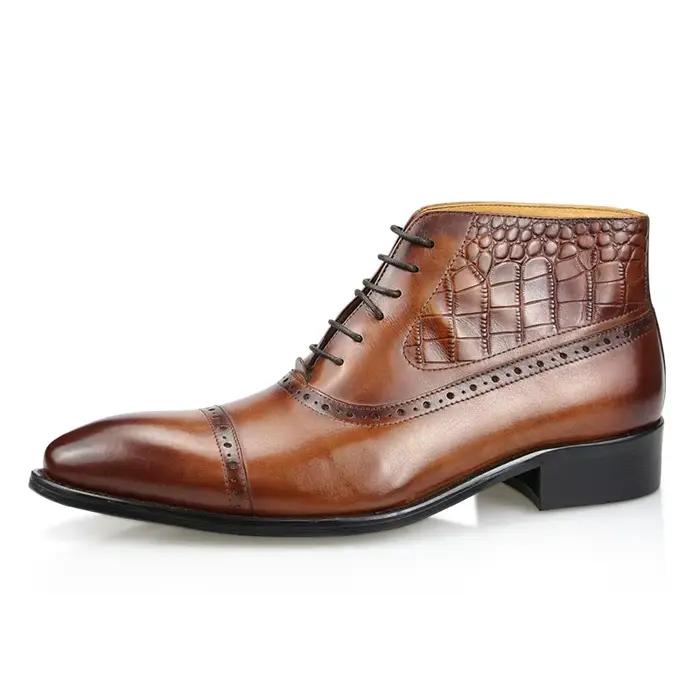 Bottes de rinçage en cuir véritable pour hommes, robe de mariée élégante, bureau formel, Parker pointu, chaussures à lacets, Brogue de luxe pour adultes, mode