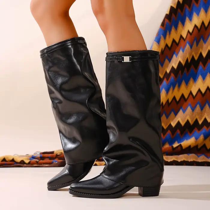 Bottines à tube haut pour femme en cuir PU, talons aiguilles, mi-mollet, bout pointu, semelle en caoutchouc, pour automne-hiver et occasions spéciales