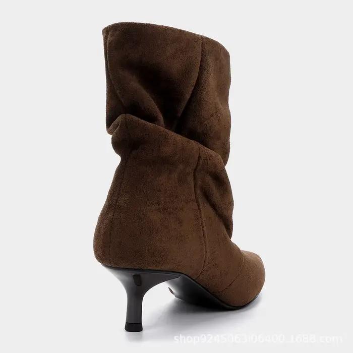 Bottes d'hiver plissées en daim pour femmes, chaussures à bout pointu, talons fins et bas, marron, rétro, élégantes, bottines de créateur, Bottes Femme