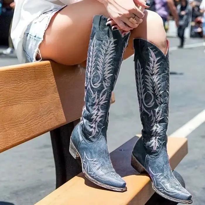 2025 nouvelle marque broder Design femmes genou bottes hautes bout pointu talon brut femme bottes longues dames élégant Slim Fit bottes