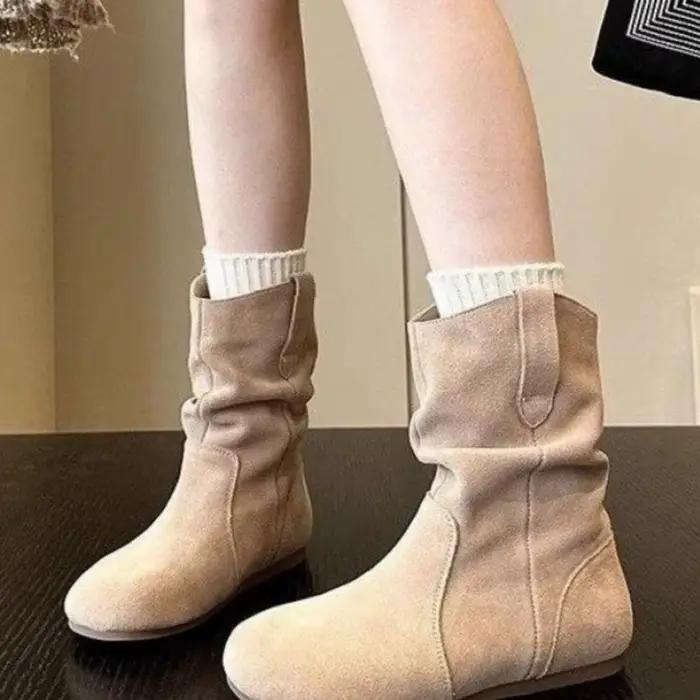 Crestar daim bottes décontractées pour femmes 2025 mode bottines nouveau court sans lacet chaussures plates rétro polyvalent fond souple dame botte