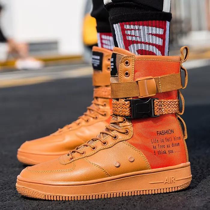 Style Punk Orange bottes hautes Couple Streetwear boucle sangle Designers chaussures hommes