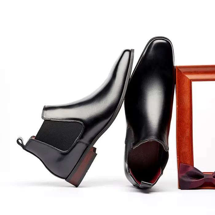 Bottes en cuir pour hommes, élégantes et simples, à pointe longue, bout carré, Chelsea britannique, chaussures formelles de luxe pour hommes d'affaires, printemps et hiver
