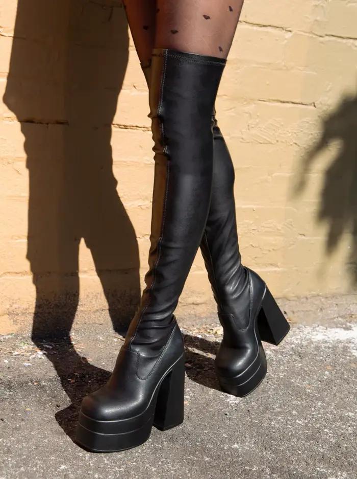 Bottine sexy au dessus du genou pour femmes, chaussures à plateforme, talons super hauts de 14 cm, avec de longues bottes noires, nouvelle collection
