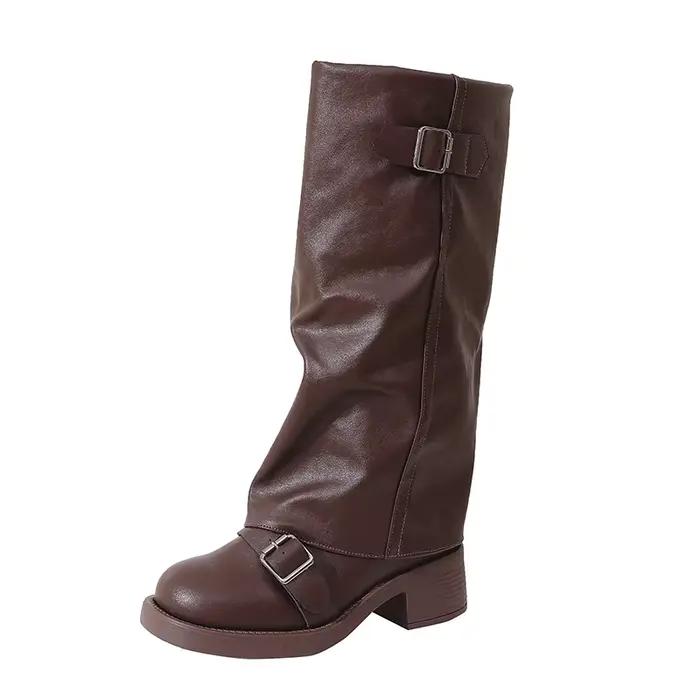 Vintage talon épais femmes genou bottes hautes mode dames ceinture boucle chevalier longs chaussons botas de inverno feminina