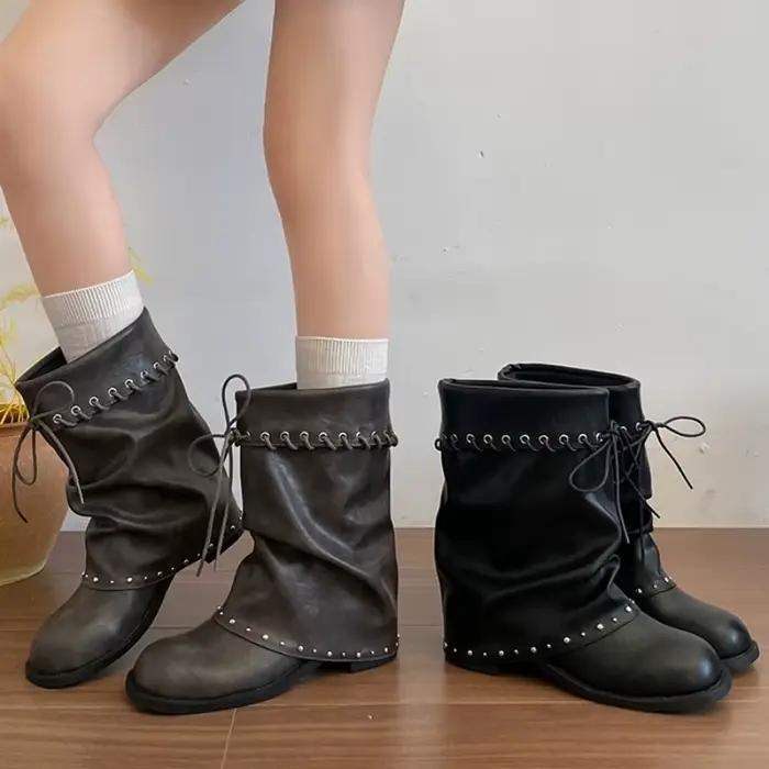 Bottes mi-mollet souples pour femmes, bout rond, à lacets, décorées de rivets, talon épais, en cuir PU, style vintage, pour l'automne et l'hiver, usage quotidien, bottes western