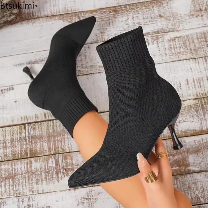 Nouveau printemps automne femmes bottes Style court talons hauts chaussures pour femmes tricoté bottines chaussette noire femmes talons bottes femme