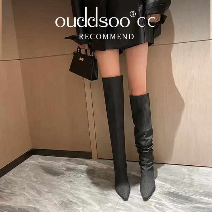 Ods Vintage femmes Western Cowgirl bottes décontracté chaussures à talons bas automne hiver sans lacet longue Botas De Mujer bout carré couleur unie