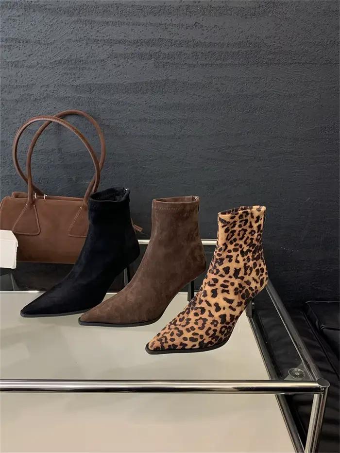 Bottes à talons hauts pour femmes, imprimé léopard, bottines d'automne élégantes à bout pointu, chaussures courtes pour femmes