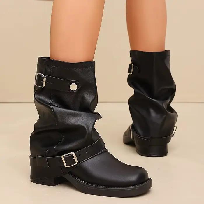 Bottines Western marron en cuir PU pour femme, style vintage, à talon carré, avec plusieurs boucles, taille 42, pour l'automne
