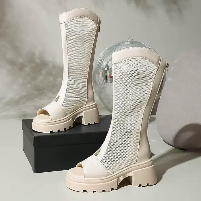 Nouvelles Bottes d'été 2026 en maille à bout ouvert pour femme – Bottes compensées respirantes et polyvalentes avec plateforme intérieure rehaussante
