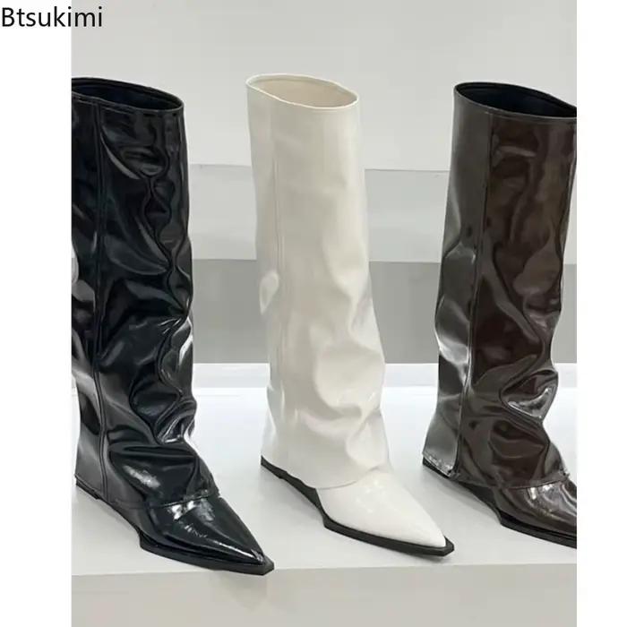 Bottes hautes pour femmes avec talons inclinés, bottes modernes solides à enfiler, de qualité, bout pointu, talon bas, Punk, pour dames, hiver