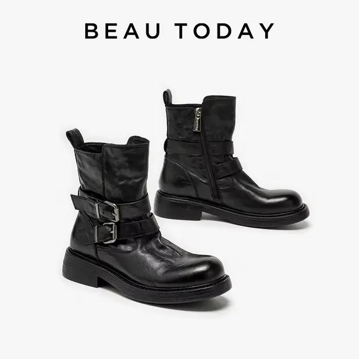BEAUTODAY-Bottes de rinçage en cuir de vache pour femme, chaussures de style britannique faites à la main, automne et hiver, 03D58
