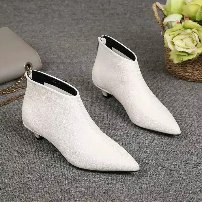 FHC Europea nouvelles bottines pour femmes, chaussures d'automne/hiver, Botas nu, bout pointu, talon chaton bas, fermeture éclair au dos, blanc, noir, livraison directe