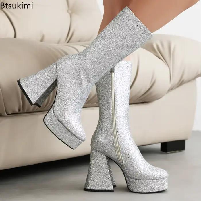 Bottines à plateforme dorées scintillantes à talon épais et bout carré pour femme
