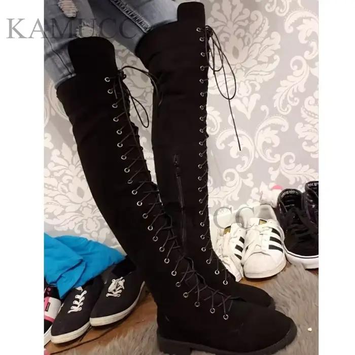 Six couleurs décontracté femmes bottes talons bas troupeau hiver sur genou bottes pour femme 2023 à lacets mode femme cuissardes hautes bottes