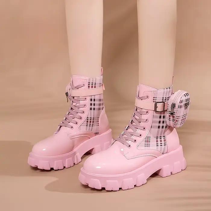 Bottines à fond épais avec boucle à tête ronde, petit sac en cuir, bottes courtes confortables pour femmes, mode automne