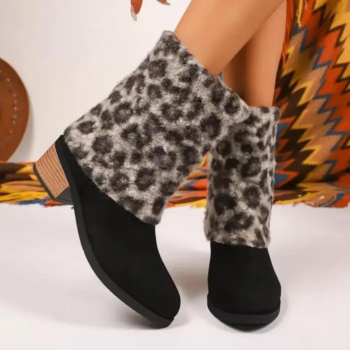 Léopard polaire talon épais mi-mollet bottes femmes hiver luxe daim concepteur