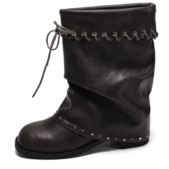 Bottes mi-mollet souples pour femmes, bout rond, à lacets, décorées de rivets, talon épais, en cuir PU, style vintage, pour l'automne et l'hiver, usage quotidien, bottes western