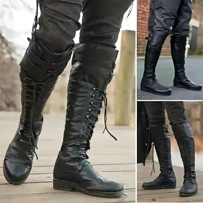 Bottes pour hommes, lacets, bottes longues, rétro, médiévales, bottes de chevalier d'extérieur, punk, bottes pour hommes au-dessus du genou, grande taille, chaussures en cuir PU, Botas